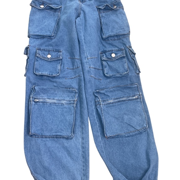 Fashion Nova baggy wide leg cargo jeans Y2K 90s high rise medium wash hip-hop - Picture 4 of 9